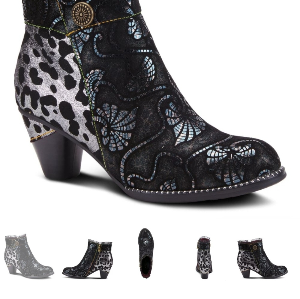 L'ARTISTE the DESSA Ankle BOOIE Leather Animal Print Black Lace Cuff Studs